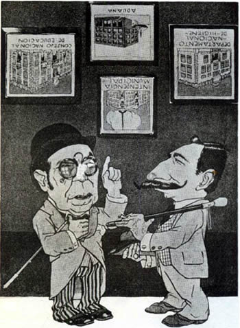 Caricatura de los ministros  de Justicia e Instrucción Pública José S. Salinas y  del Interior Ramón Gómez en un dibujo de Alejandro Sirio. En Caras y Caretas.